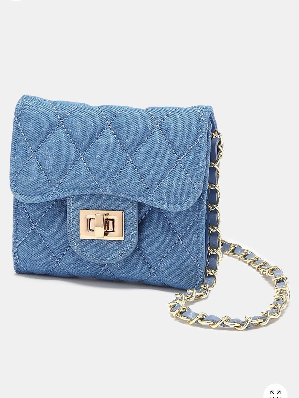 Fashion Nova Quilted Denim Mini Crossbody Bag in Blue with Gold Chain